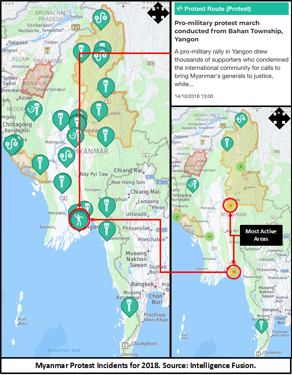 A map depicting the locations of protests and demonstration across Myanmar in 2018